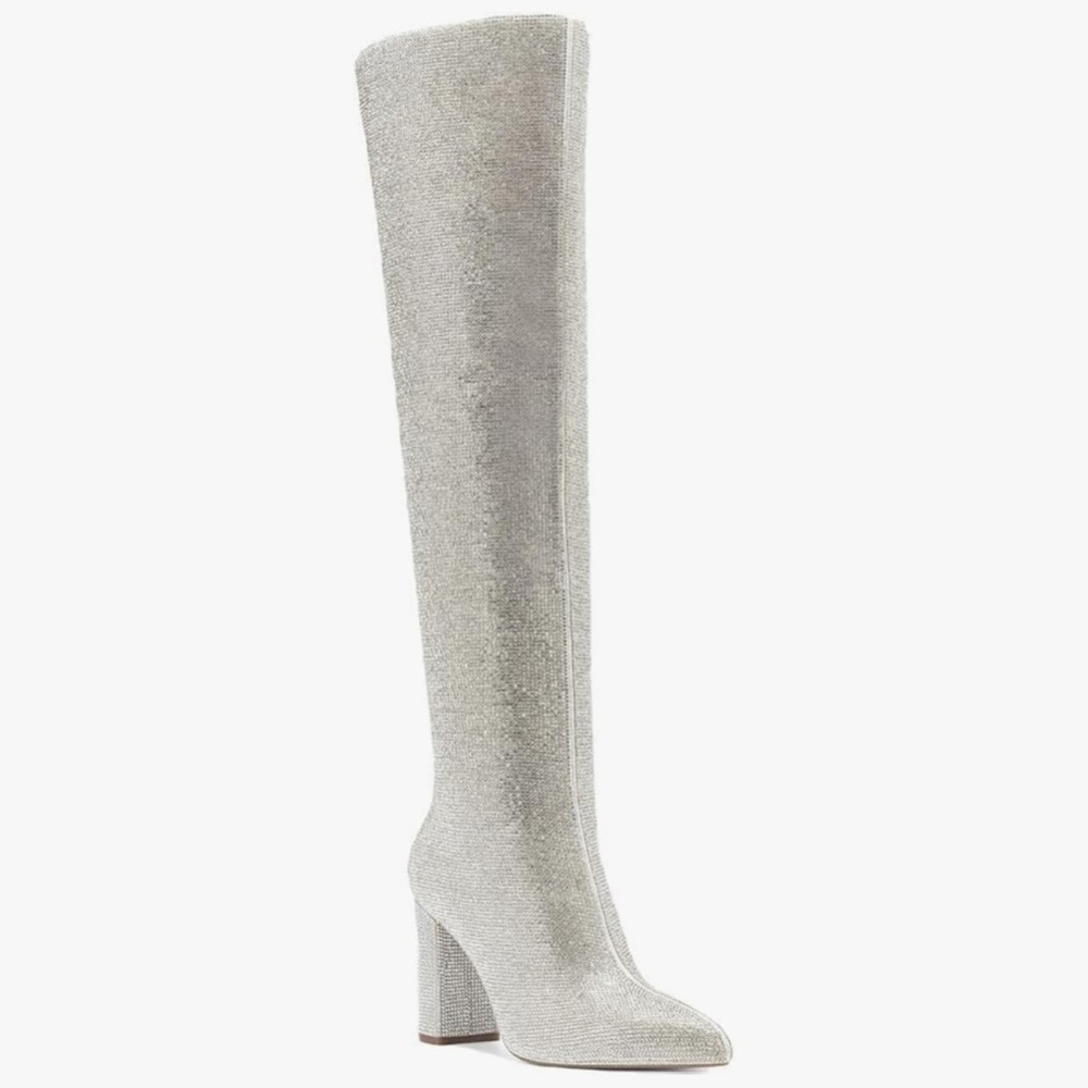 Inc International Concepts Phebe Over the Knee Rhinestone Boots, Silver Crystal